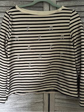 Betsey Johnson Performance Striped Skull Top Embroidery Sz S